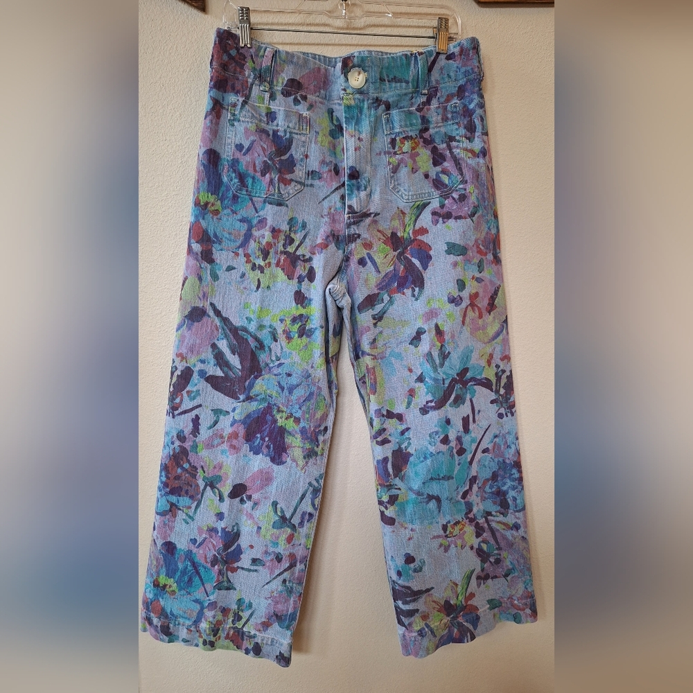 Maeve Cropped Colette Floral Watercolor Wide-Leg Jeans
